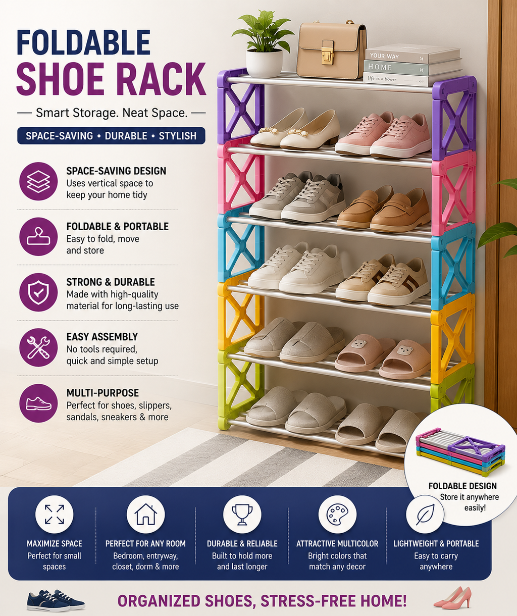 Foldable Shoe Rack Organizer – Space-Saving Multi-Tier Shoe Storage Stand (Multicolor)