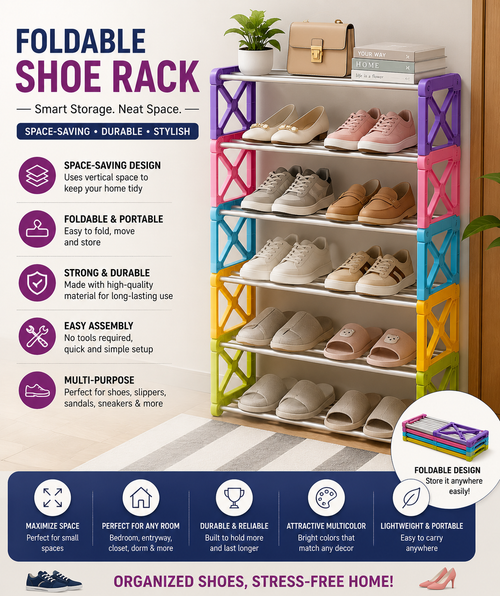 Foldable Shoe Rack Organizer – Space-Saving Multi-Tier Shoe Storage Stand (Multicolor)
