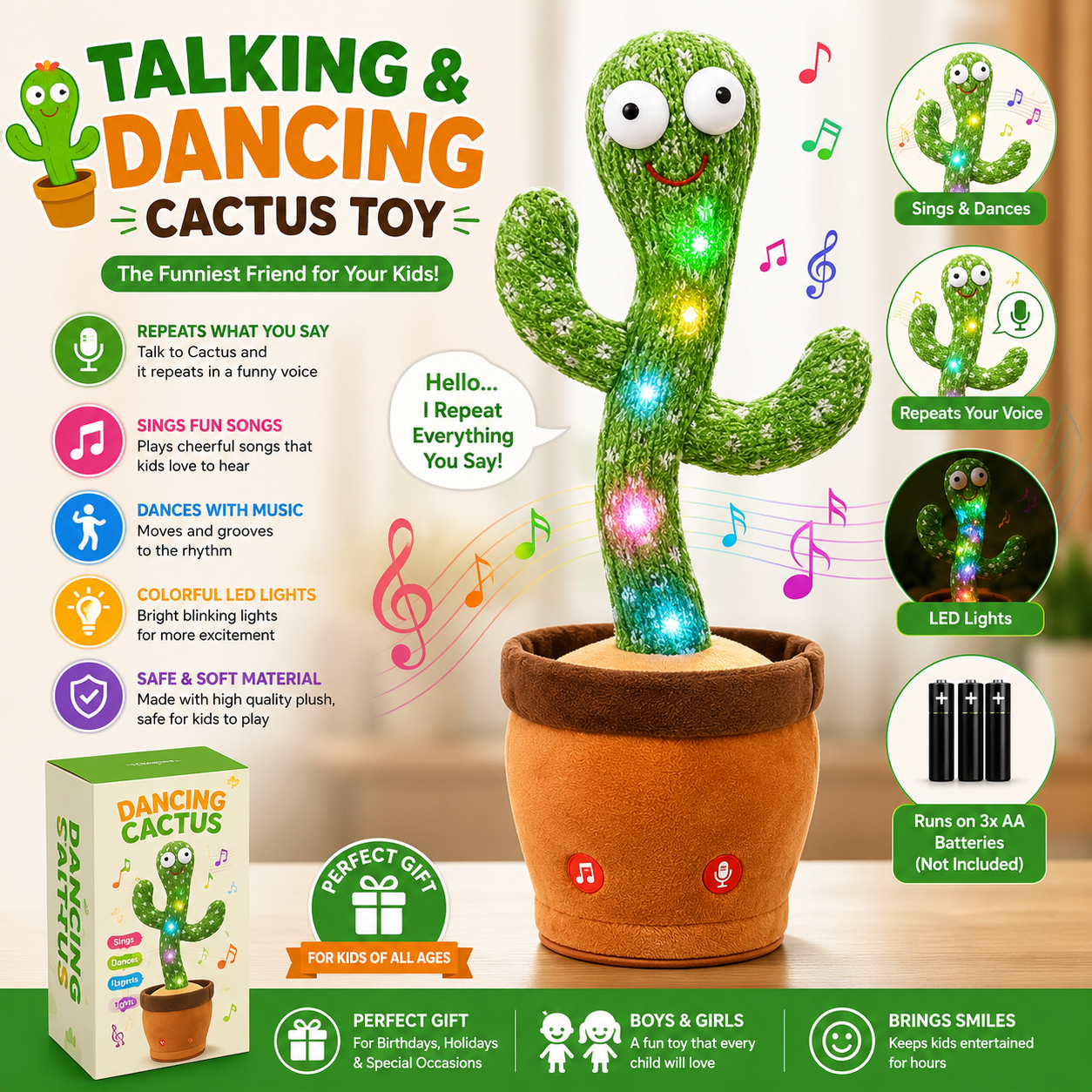 Talking & Dancing Cactus Toy with Voice Repeat & LED Lights